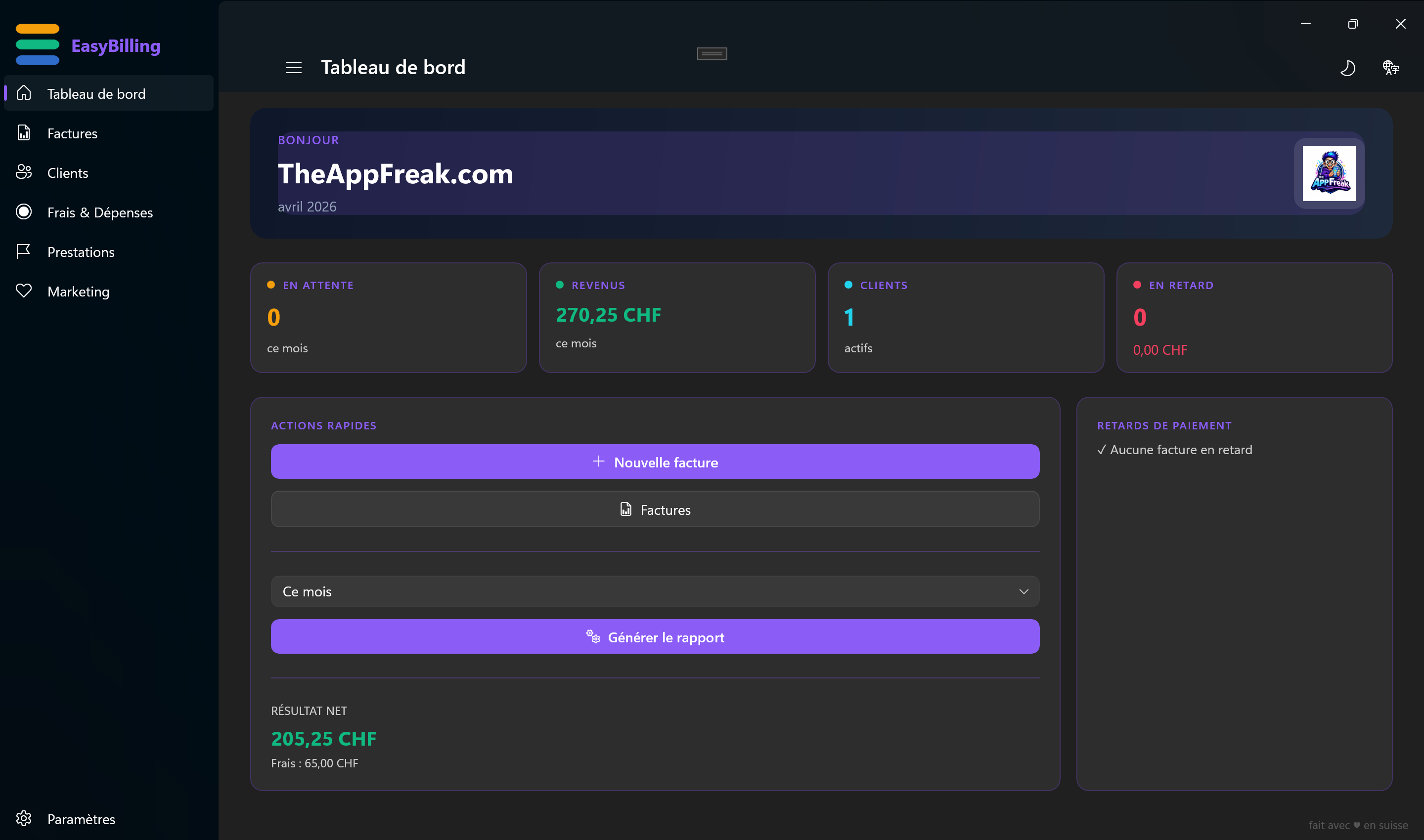 Dashboard EasyBilling mode sombre