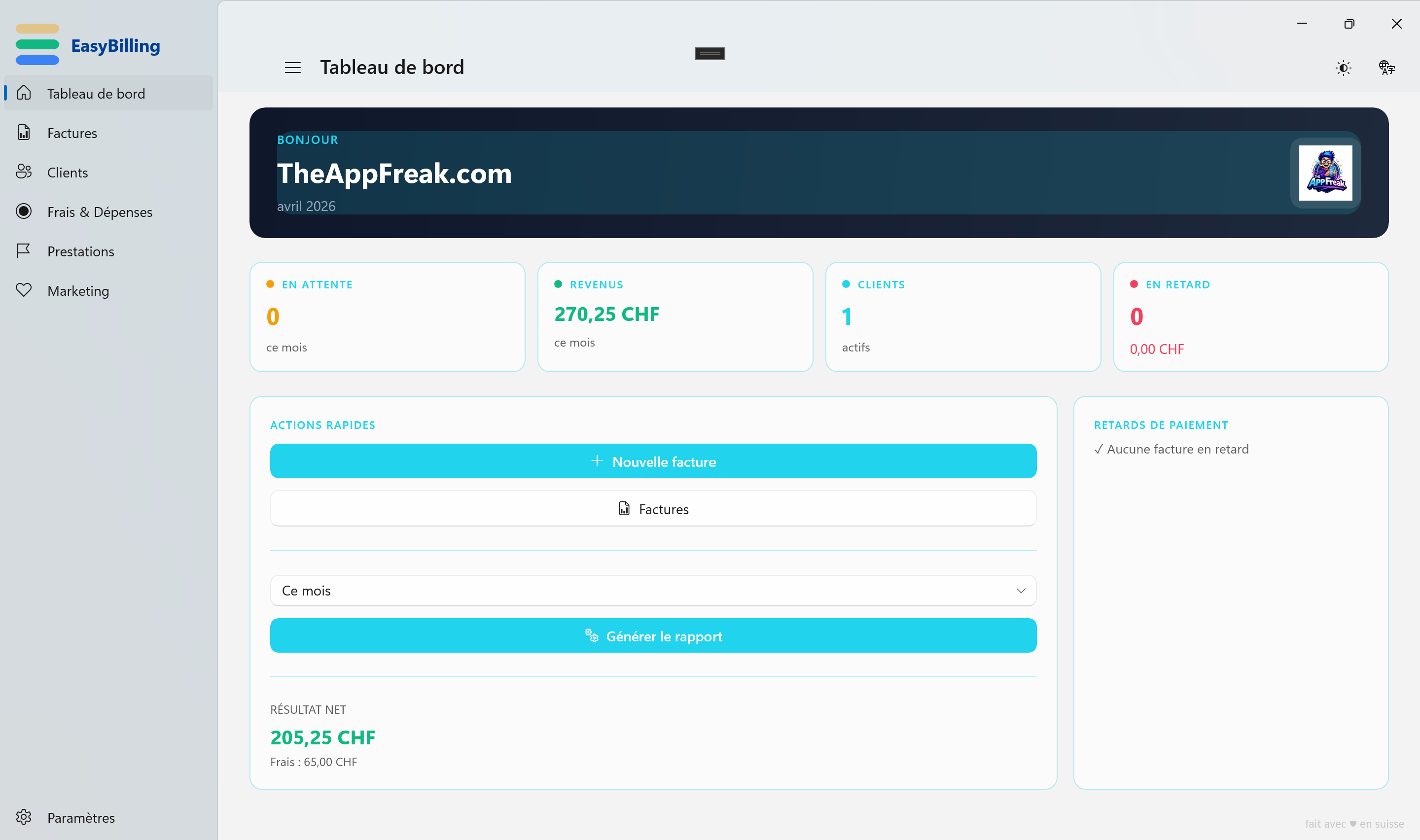 Dashboard EasyBilling mode clair