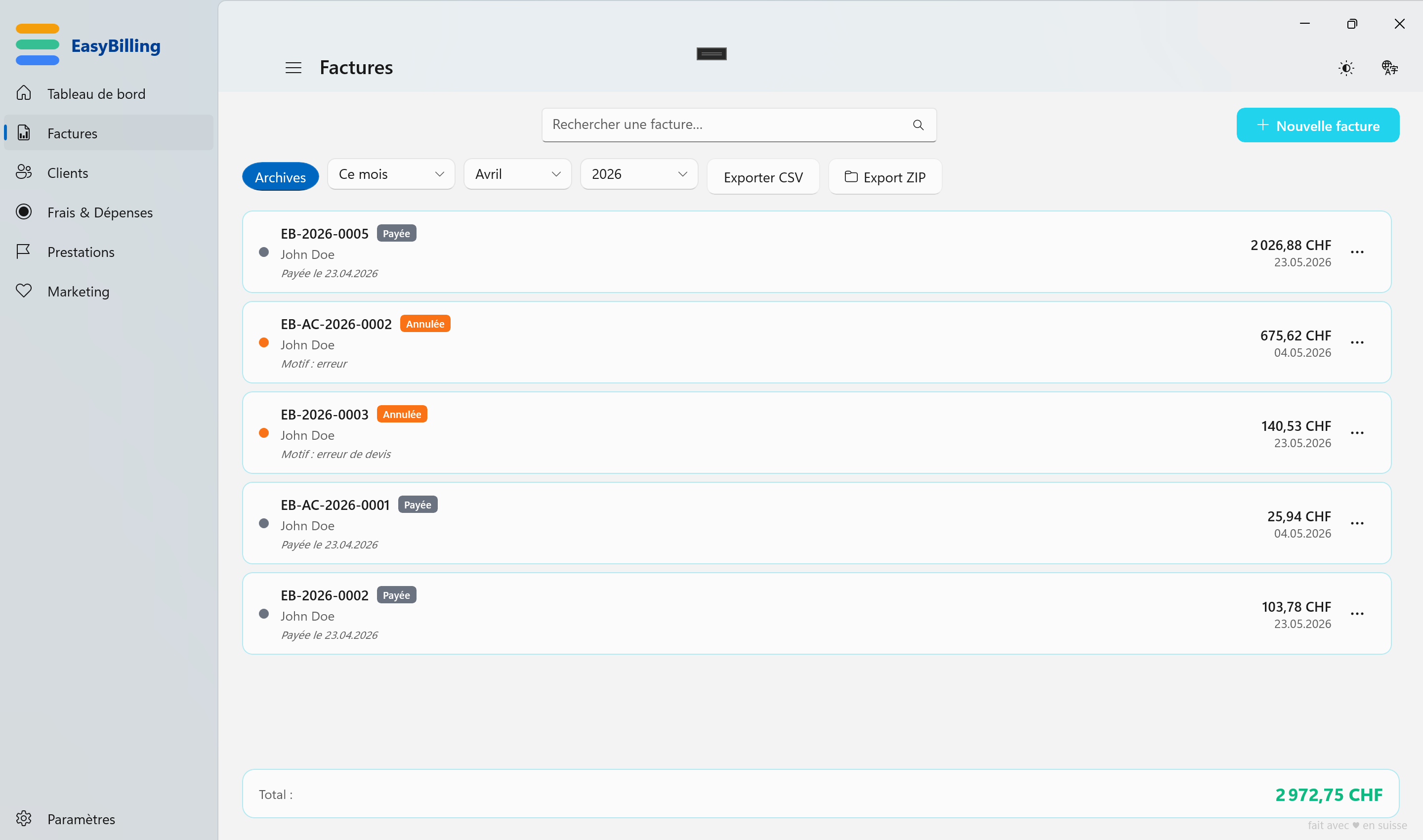 Liste des factures EasyBilling